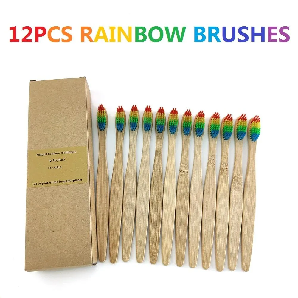 12Pcs Pack Rainbow Natural Soft Hair  Bamboo Toothbrushes