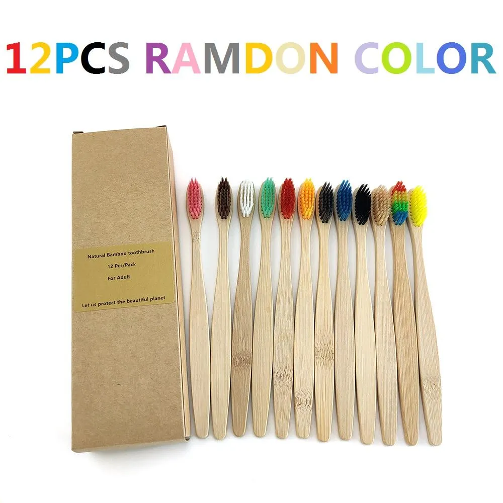 12Pcs Pack Rainbow Natural Soft Hair  Bamboo Toothbrushes