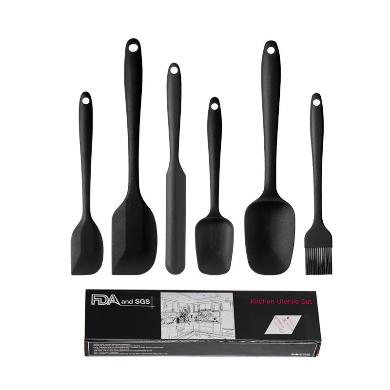 6-Piece Silicone Kitchen Utensil Set | Heat-Resistant Baking Tools with Spatulas, Spoon, and Brush (Black) (2 Set/12PCS)