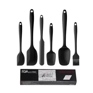 6-Piece Silicone Kitchen Utensil Set | Heat-Resistant Baking Tools with Spatulas, Spoon, and Brush (Black) (2 Set/12PCS)