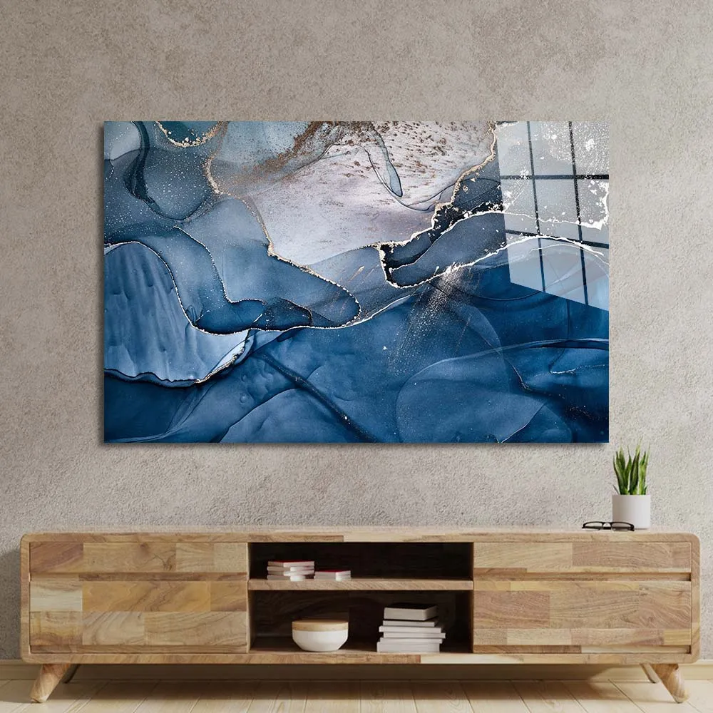 Abstract Blue and Grey Marble Glass Wall Art