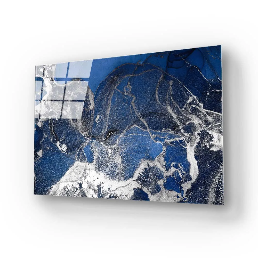 Abstract Blue and Silver Alcohol Ink Marble Glass Wall Art