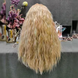 Golden Blond With Pastel Pink And Green Frizz Crimp Wig