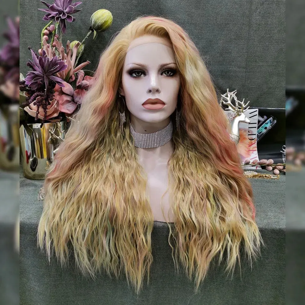 Golden Blond With Pastel Pink And Green Frizz Crimp Wig