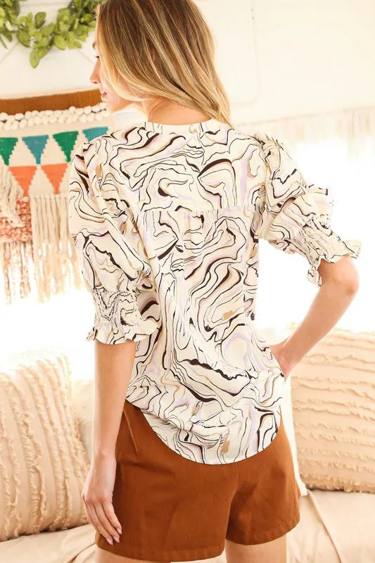 Marble Printed Split Neck Blouse