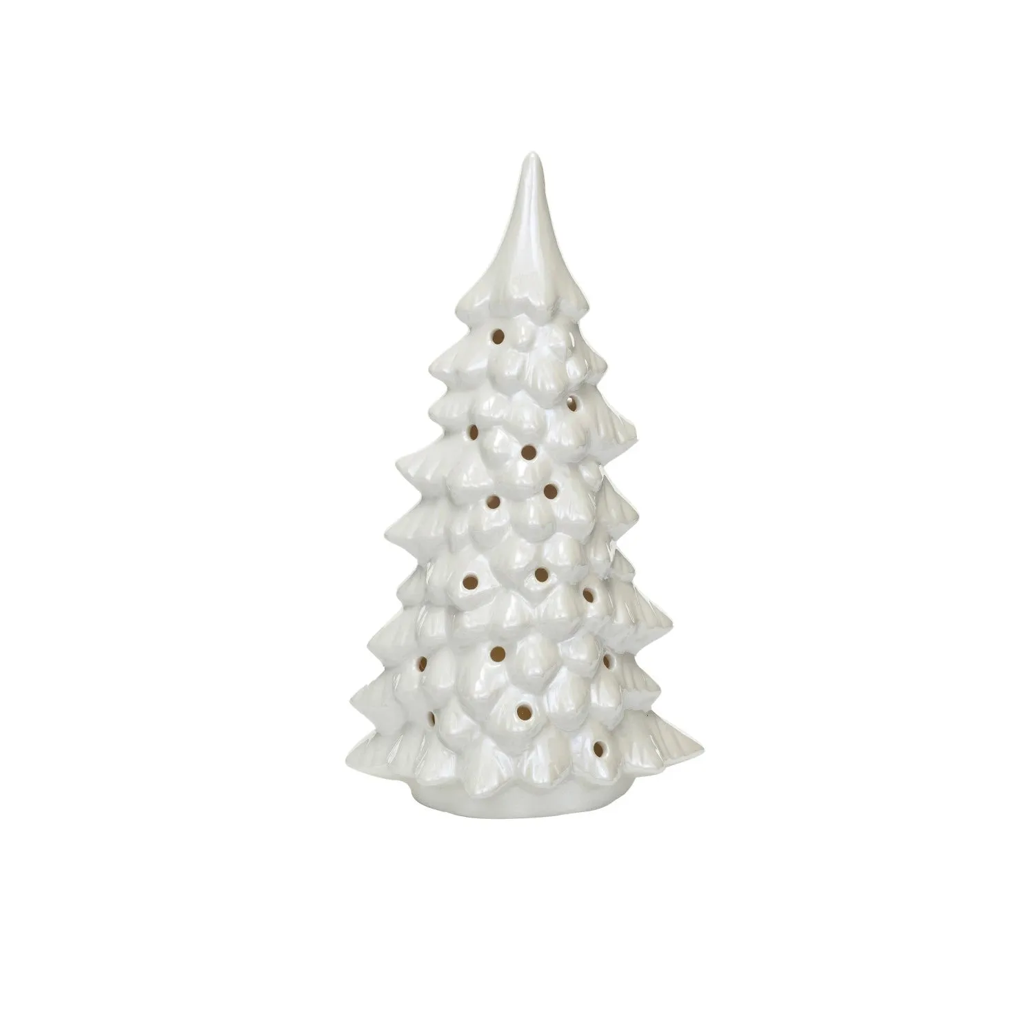 Stoneware LED Tree w/ Cut-Outs, Iridescent Finish, Cream Color - 2 Sizes