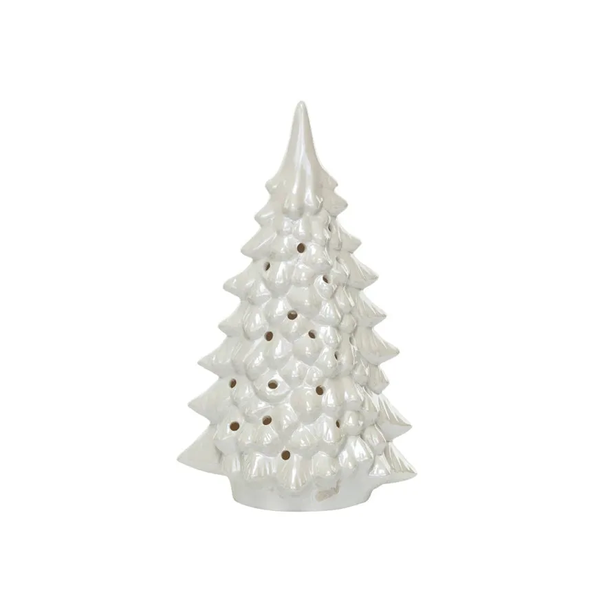 Stoneware LED Tree w/ Cut-Outs, Iridescent Finish, Cream Color - 2 Sizes