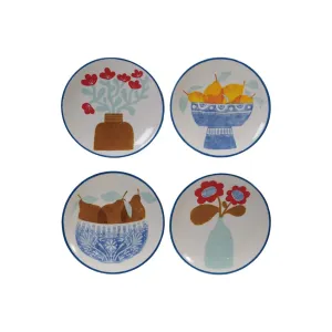 Stoneware Plate with Fruit/Flower Image & Blue Rim